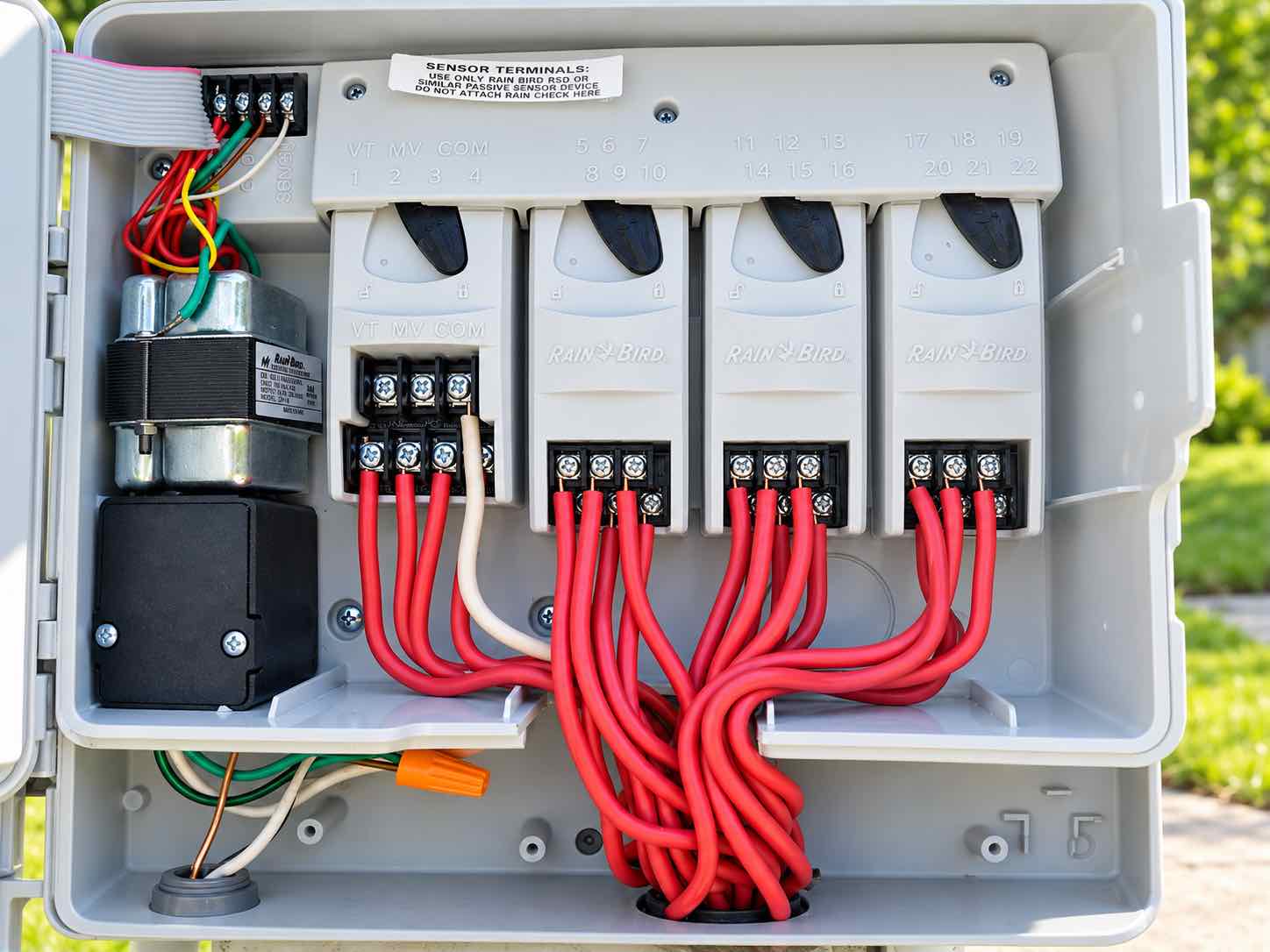Irrigation controller opened up with neatly connected zone wiring