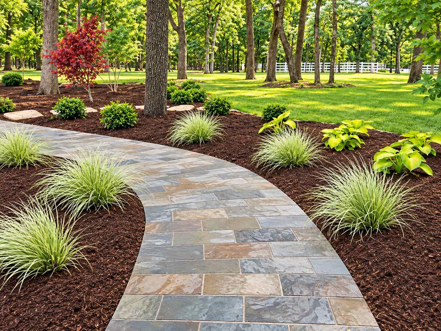 Flagstone walkway curving through mulched planting beds